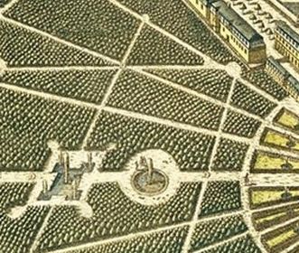 Birds-eye view of palace and the city of Karlsruhe, close-up of copper engraving by Christian Thran