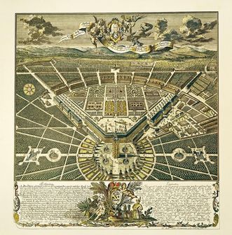 Vogelschauplan von Residenzschloss und Stadt Karlsruhe, Kupferstich (1739), nach Christian Thran
