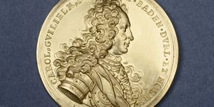 Silver coin with etched portrait of Margrave Karl Wilhelm von Baden.
