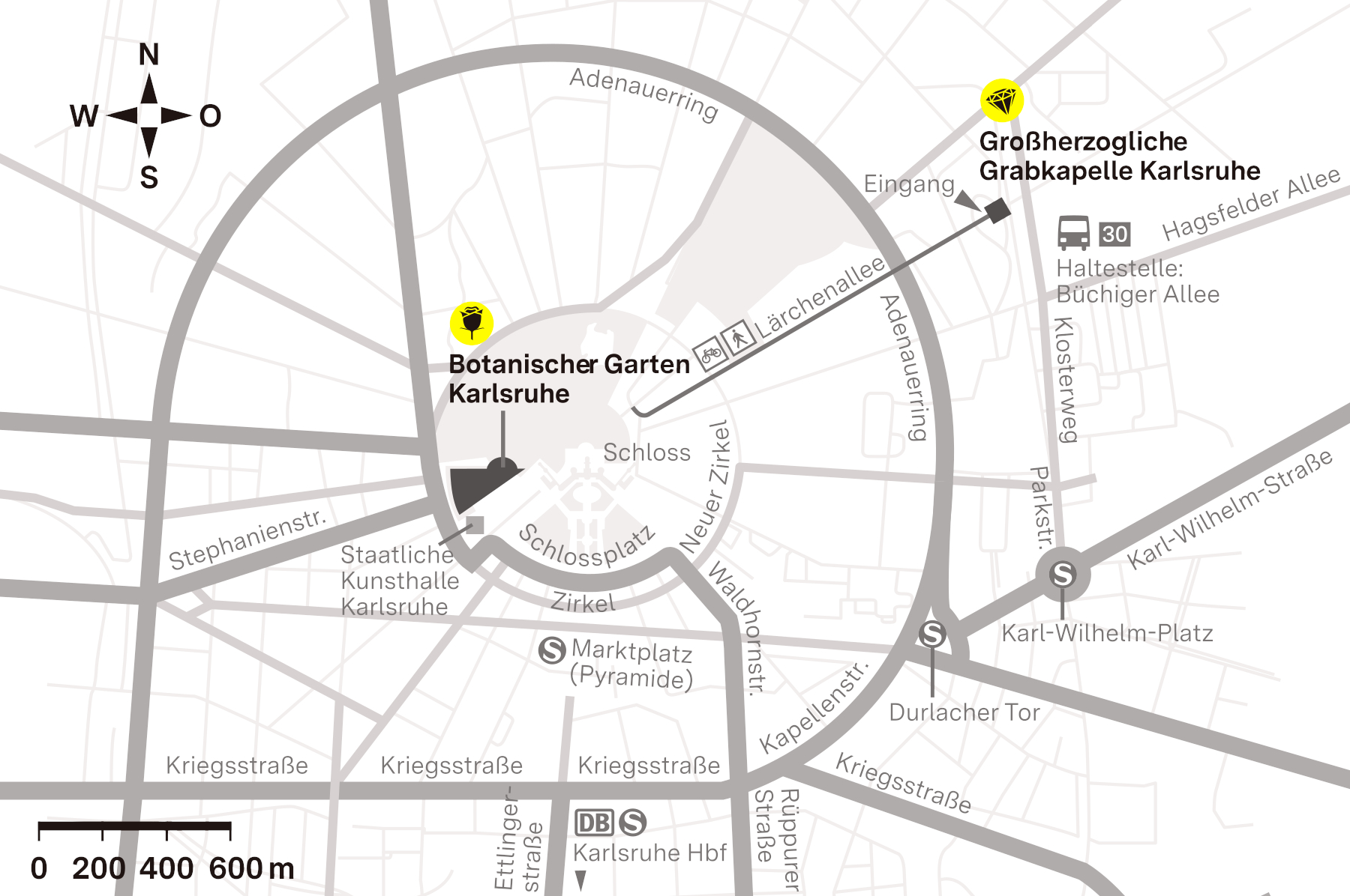 Anfahrtsskizze zur Großherzoglichen Grabkapelle und dem Botanischen Garten Karlsruhe