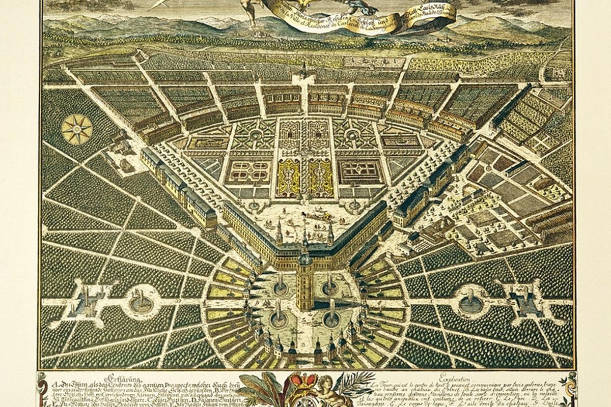 Vogelschauplan von Residenzschloss und Stadt Karlsruhe, Kupferstich, 1739, nach Christian Thran