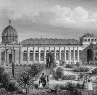 Historischer Stich des ehemaligen Wintergartens im Botanischen Garten Karlsruhe