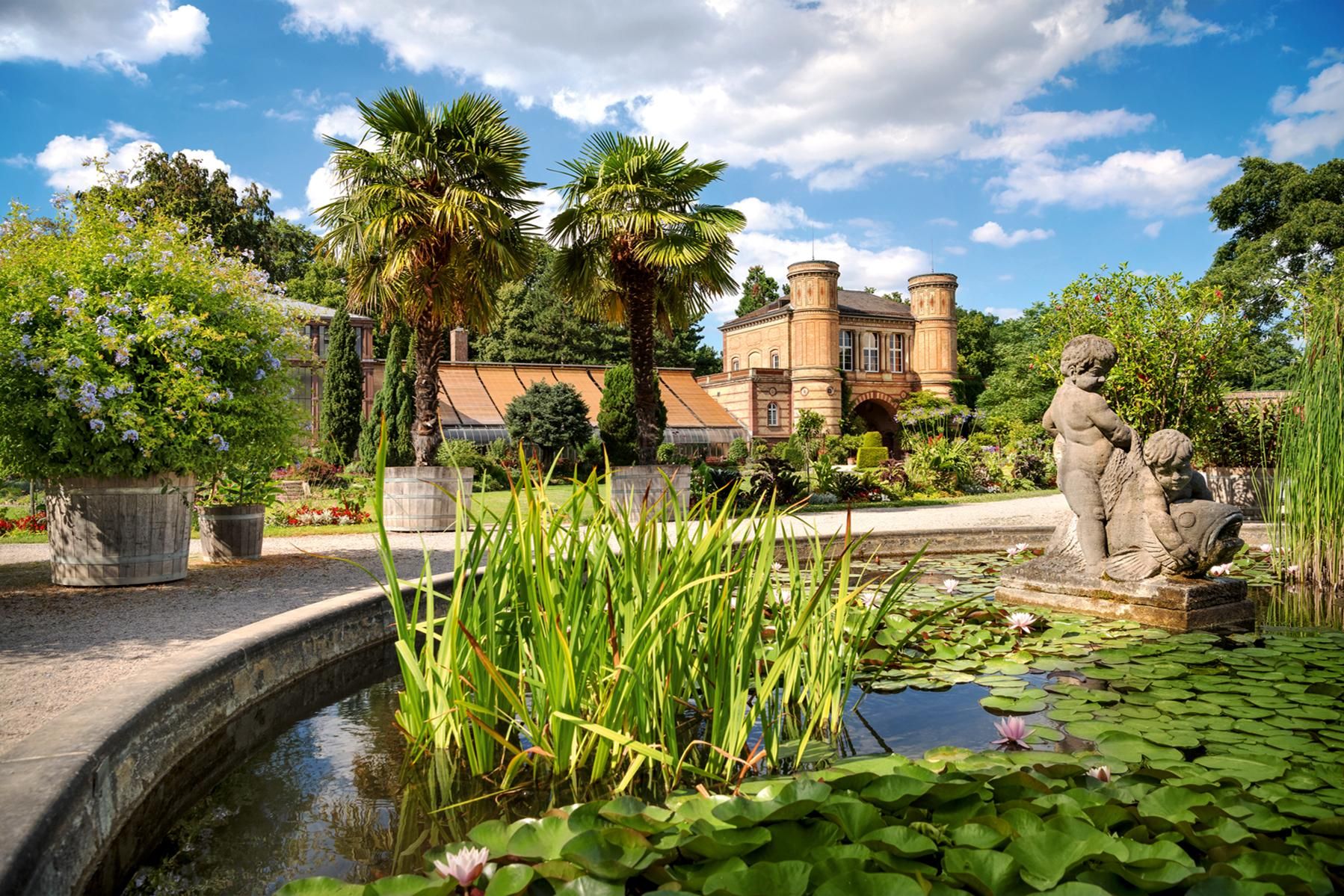 Botanischer Garten Karlsruhe, Blick auf Palmen und Torhaus