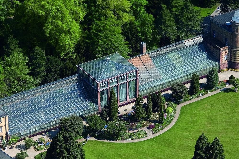 Torbogengebäude und Palmenhaus des Botanischen Gartens aus der Luft