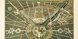 Bird's-eye view of the Residential Palace and the city of Karlsruhe, copper engraving, 1739, Christian Thran.