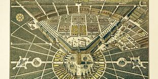 Vogelschauplan von Residenzschloss und Stadt Karlsruhe, Kupferstich, 1739, nach Christian Thran